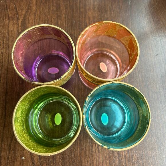 Set of 4 Colored Glass Boho Votive Holders  w/ Gold Foil Band elements - Picture 7 of 11